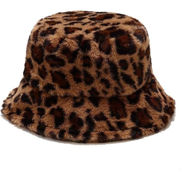 Leopard Print Faux Fur Bucket Hat for Women Cheetah Print Fluffy